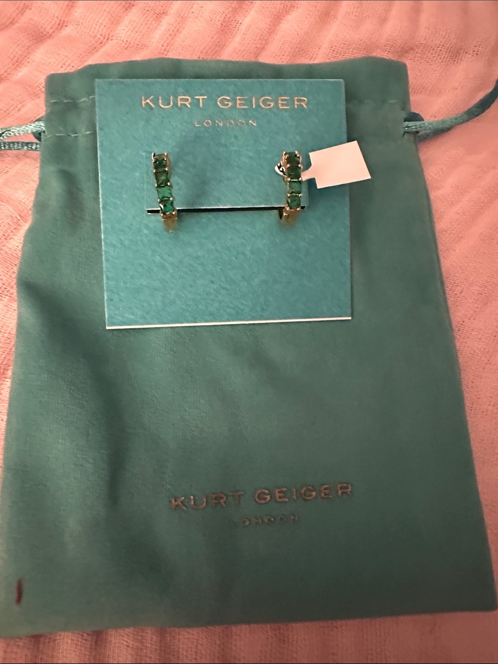 Kurt Geiger Gold Huggie Earrings with Green Stones NWT